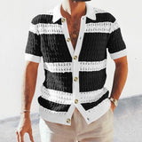 Summer Men's New Color Matching Cut-Out Sexy Lapel Single-Breasted Sweater Cardigan Short-Sleeved Shirt jinquedai