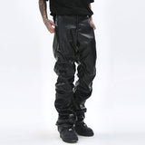 Hip Hop Mens Pleated Pu Leather Pants Harajuku Retro Streetwear Loose Ruched Casual Trousers Straight Solid Color Black Pants jinquedai