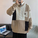 Oversized Men Sweater Fashion Knitted Embroidery Bear Pullovers Spring Lazy Long Sleeve Streetwear Patchwork Klein Blue Sweater jinquedai