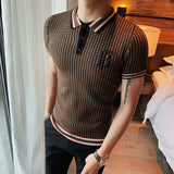 Jinquedai Summer Sweater Polo Shirt Men Slim Short Sleeve Tee Shirt Breathable British style Striped Polo Shirt Mens Tops Clothes jinquedai