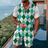 Summer Men's Sportswear Suit Plaid printed short sleeve Zipper Polo Shirt Suit Vacation suit 2 pieces jinquedai