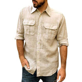 Jinquedai Men Shirts Spring Autumn New Cotton Linen Long-sleeved Shirt Double Pocket Tooling Lapel Men's Shirt Men's Clothing