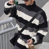 Turtleneck Striped Sweater For Men Loose Autumn Fashion Knitted Pullovers Warm New Brand Male Casual Clothing jinquedai