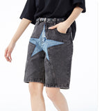 Fashion Men's Women's Shorts Patchwork Star Stitching Embroidered Denim Shorts Hip Hop Streetwear Summer Wide Foot Denim Shorts