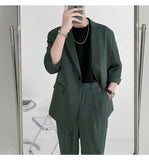 Jinquedai Fashion Summer 2-piece Set Solid Color Single-breasted Casual Simple Student Wear Homme Loose Suits Wear (Blazers + Pants) jinquedai