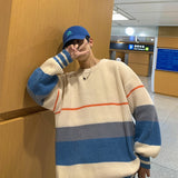 Striped sweater men's autumn and winter fashion brand loose color matching sweater coat versatile lazy wind thickened round neck jinquedai