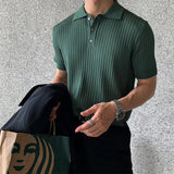 Summer Men's Retro Knitting Lapel Stripe POLO Shirt Solid Color Thin Cozy Short Sleeve T-Shirt New jinquedai