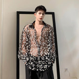 Men's Fashion Hollow Out Flowers Shirts Transparent Sunscreen Clothes Long Sleeve Gauze Printting Tops Korean Style jinquedai