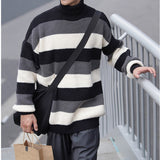 Turtleneck Striped Sweater For Men Loose Autumn Fashion Knitted Pullovers Warm New Brand Male Casual Clothing jinquedai