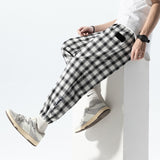 Men Casual Pants Plaid Length Loose All-Match Elastic Waist Fashion Trousers Streetwear Korean White Tie Feet Trousers Male jinquedai