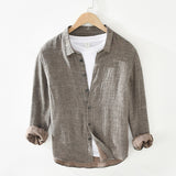 Men Spring And Autumn High Quality Fashion Yarn-dyed 100% Linen Long Sleeve Shirt Male Casual Vintage Solid Color Cloth jinquedai