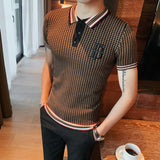 Jinquedai Summer Sweater Polo Shirt Men Slim Short Sleeve Tee Shirt Breathable British style Striped Polo Shirt Mens Tops Clothes jinquedai