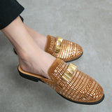 Summer Rhinestone Half Slippers Loafer Men's Shoes Nightclub Party Trendy Shoes Leather Slip on Breathable Casual Moccasins