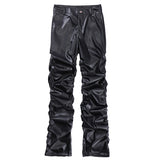 Hip Hop Mens Pleated Pu Leather Pants Harajuku Retro Streetwear Loose Ruched Casual Trousers Straight Solid Color Black Pants jinquedai