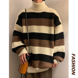 Korean Striped Men's Turtleneck Oversized Sweaters Winter Warm Knitted Pullovers  Streetwear Man Casual Tops jinquedai