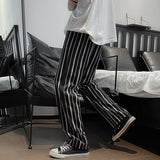 Men Pants Striped Loose Comfortable Retro Casual All-match Elastic Waist Chic Wide Leg Trousers Fashion Streetwear Korean Style jinquedai