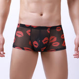 Boxers For Men Sexy Lip Print Stretch Shorts Mesh Arrow Panties Briefs Translucent Thin Quick-Drying Low-Rise Underpants jinquedai