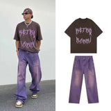 Street made coordinates washed purple jeans for men and women with a unisex style loose fitting bf straight tube fall down jinquedai