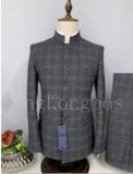 Custom made Chinese style standing collar Grey Plaid wedding suits men slim fit groom business casual man Blazer costume homme jinquedai
