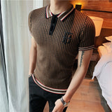 Jinquedai Summer Sweater Polo Shirt Men Slim Short Sleeve Tee Shirt Breathable British style Striped Polo Shirt Mens Tops Clothes jinquedai