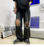 Men Jeans Wide-leg Straight Jeans Hole Ripped Street-wear All-match Denim Trousers Mens Loose Casual Fashion Harajuku New jinquedai