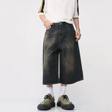 Korean Style Vintage Men's Jeans Summer Loose Male Wide Leg Knee Length Shorts New Washed Fashion Denim Trouser jinquedai