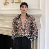 Men's Fashion Hollow Out Flowers Shirts Transparent Sunscreen Clothes Long Sleeve Gauze Printting Tops Korean Style jinquedai