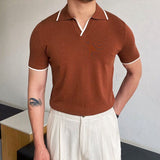 Men's Knit Short Sleeve Polo Shirt Casual Lapel Cardigan Breathable Summer Solid Color T Shirt Luxury Clothing jinquedai