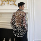 Men's Fashion Hollow Out Flowers Shirts Transparent Sunscreen Clothes Long Sleeve Gauze Printting Tops Korean Style jinquedai