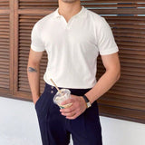 Men's Polo Shirt Solid Knit Lapel Buttonless Short Sleeve Slim Fit Tee Thin Casual Retro Summer jinquedai