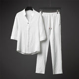Summer New Style Men's Fashion Casual Solid Color T-Shirt Suit Male High-Quality Cotton and Linen Two-Piece Set M-5XL jinquedai