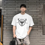 Summer new print loose muscle fitness top young men's training leisure sports short sleeve T-shirt jinquedai