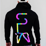 New Reflective Tshirts Men Fashion Colorful Black Tops For Male Gym Hooded Jacket Streetwear Men Long Sleeve Zipper Tees jinquedai