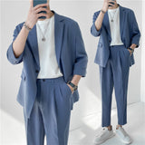 Jinquedai Fashion Summer 2-piece Set Solid Color Single-breasted Casual Simple Student Wear Homme Loose Suits Wear (Blazers + Pants) jinquedai