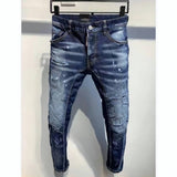 Jinquedai Trendy Spray Paint Hole Micro-elastic Jeans Slim Fit Casual Denim Pants Clothing A388 jinquedai