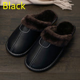 Jinquedai  Men Slippers Black New Winter PU Leather Slippers Warm Indoor Slipper Waterproof Home House Shoes Women Warm Leather Slippers jinquedai