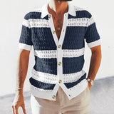 Summer Men's New Color Matching Cut-Out Sexy Lapel Single-Breasted Sweater Cardigan Short-Sleeved Shirt jinquedai