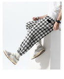 Men Casual Pants Plaid Length Loose All-Match Elastic Waist Fashion Trousers Streetwear Korean White Tie Feet Trousers Male jinquedai