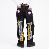 Letter Stars Graffiti Print Wide Leg Blue and Black Jeans Pants for Men and Women Straight Retro Casual Oversized Denim Trousers jinquedai