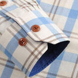 Jinquedai   Men 100% Cotton Long Sleeve Contrast Plaid Checkered Shirt Pocket-less Design Casual Standard-fit Button Down Gingham Shirts jinquedai