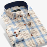 Jinquedai   Men 100% Cotton Long Sleeve Contrast Plaid Checkered Shirt Pocket-less Design Casual Standard-fit Button Down Gingham Shirts jinquedai