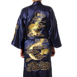 Navy Blue Chinese Men&#39;s Satin Silk Robe Embroidery Kimono Bath Gown Dragon Size S M L XL XXL XXXL S0008 jinquedai