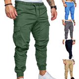 Jingquedai Men Casual Solid Color Pockets Waist Drawstring Ankle Tied Skinny Cargo Pants jinquedai