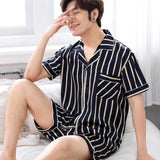Thoshine Brand Spring Summer Autumn Men Satin Silk Pajamas Sets of T-shirt &amp; Shorts Male Pijama Sleepwear Leisure Home Clothing jinquedai