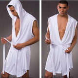 Jinquedai  Best price men sexy pajamas sleepwear Silk pijama hombre hooded bathrobe men bath 5 color set Summer dress bath robe with briefs jinquedai