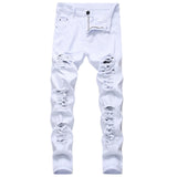 Jingquedai New Arrival Men&#39;s Cotton Ripped Hole Jeans Casual Slim Skinny White Jeans men Trousers Fashion Stretch hip hop Denim Pants Male jinquedai