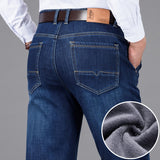 Jinquedai Classic Style Winter Men Warm Business Jeans Fashion Casual Denim Stretch Cotton Thick Fleece Denim Pants Male Brand Trousers jinquedai