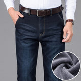 Jinquedai Classic Style Winter Men Warm Business Jeans Fashion Casual Denim Stretch Cotton Thick Fleece Denim Pants Male Brand Trousers jinquedai