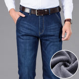 Jinquedai Classic Style Winter Men Warm Business Jeans Fashion Casual Denim Stretch Cotton Thick Fleece Denim Pants Male Brand Trousers jinquedai