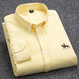 Jinquedai  100% Cotton Oxford Shirt MenLong Sleeve Embroidered Horse Casual Without Pocket Solid Yellow Dress Shirt Men Plus Size 5XL6XL jinquedai